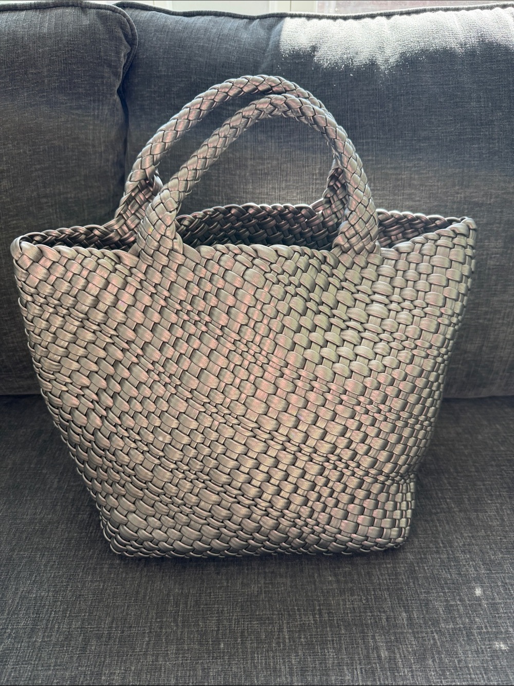 Metallic Gunmetal Woven Tote Bag (NWOT) in vegan leather